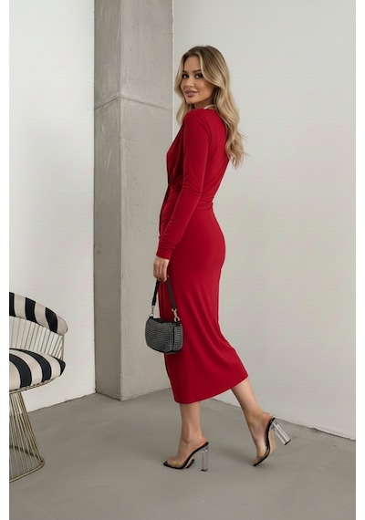 Defymoda Kadın Kruvaze Yaka Şık Tasarım Elbise Kırmızı