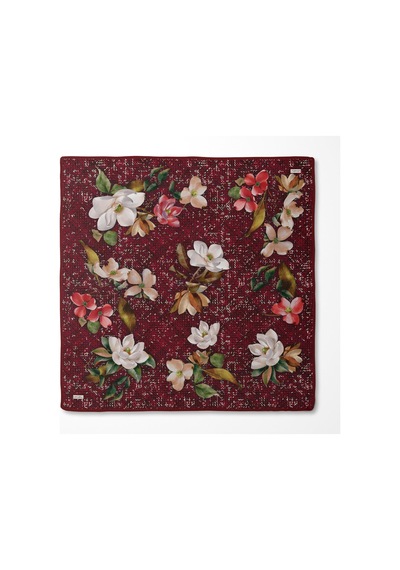 Levidor Çiçek Desenli Twill İpek Eşarp-0942 Bordo
