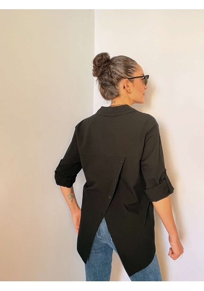 Ali Butik Siyah Sırtı Asimetrik Düğme Detaylı Poplin Gömlek Siyah