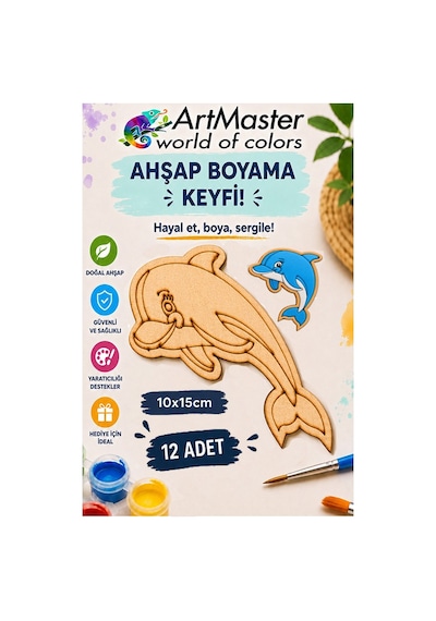 Ahşap Boyama Yunus Balığı 12 Adet 10x15cm Boyama Deniz Figürü Etkinlik Çoçuk Gelişim Motor Beceri Kreş Anasınıfı