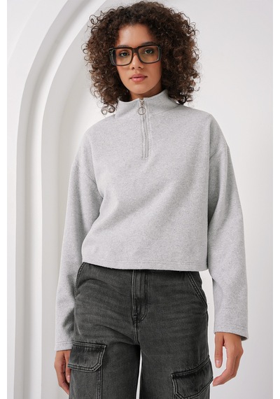 Bigdart 55449 Fermuarlı Yaka Örme Sweatshirt - Gri