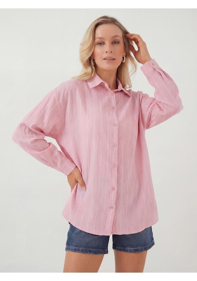 Bigdart Kadın Çizgili Oversize Gömlek 20293 - Pembe