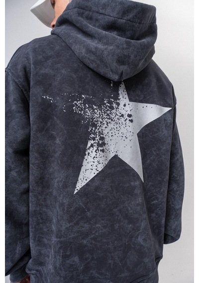 Respire Erkek Star Baskılı Yıkamalı Kapüşonlu Oversize Hoodie Siyah