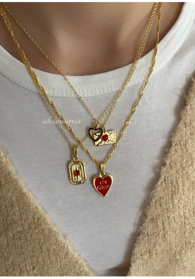 3'lü Gold Kırmızı Kalp Charm Love Kolye Set Altın Altın