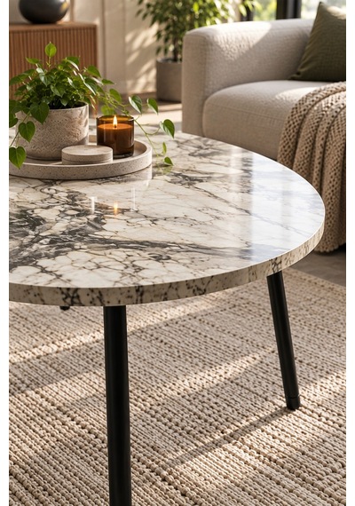 Sulorahome Metal Ayaklı Oval Orta Sehpa Efes Beyaz Mermer Desenli Beyaz - Mermer