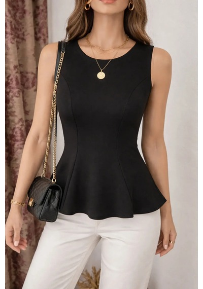 Meridefashion Kadın Kolsuz Peplum Bluz Fit Kalıp Şık Üst M Siyah