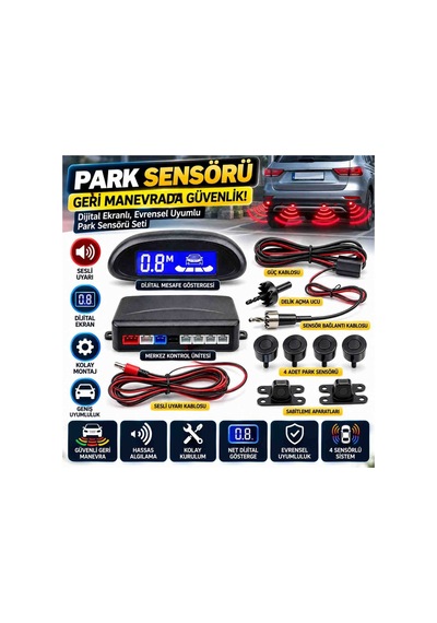 4 Sensörlü Dijital Ekranlı Araç Park Sensörü Seti Sesli Ikazlı Mesafe Göstergeli Geri Manevra