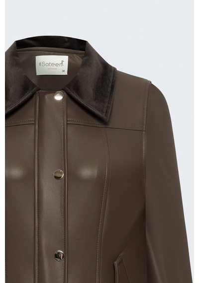 Sateen Kadife Detaylı Deri Ceket - Kahve-138089