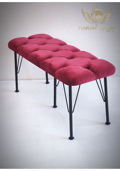 By Hakan Aşkın Metal Ayaklı Babyface Puf & Bench Bordo Baby Face Kumaş Bordo