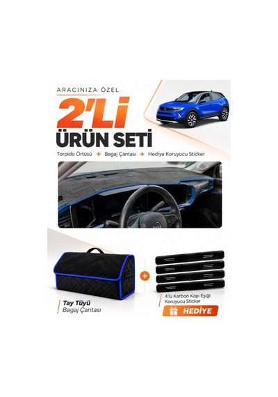Opel Mokka 2020-2025 Uyumlu Torpido Örtüsü + Tay Tüyü Bagaj Çantası + Sticker Seti - Siyah Mavi
