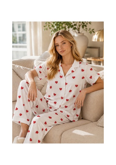 Rindahomewear Kadın Kalp Desen Milan Düğmeli Pijama Takımı Beyaz1