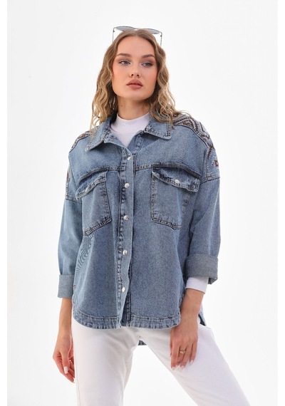Esb Design Kadın Mavi Cepli Etnik Mevsimlik Düğmeli Uzun Denim Nakışlı Kot Ceket A36-085