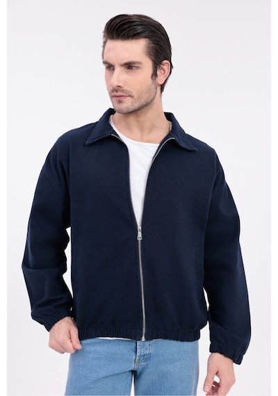 Mero Life Erkek Basic Old Money Fermuarlı Oversize Mevsimlik Polo Yaka Gabardin Kumaş Lacivert Ceket