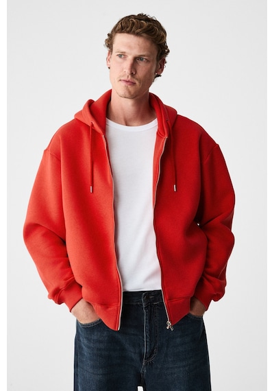 Grimelange Ashby Erkek Kapüşonlu Fermuarlı Cepli Kordonlu Boxy Kalıp Kırmızı Sweatshirt Kırmızı