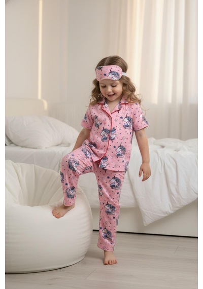Lillypicca Pembe Unicorn Desenli Kız Çocuk Göz Bantlı Pijama Takımı 2100