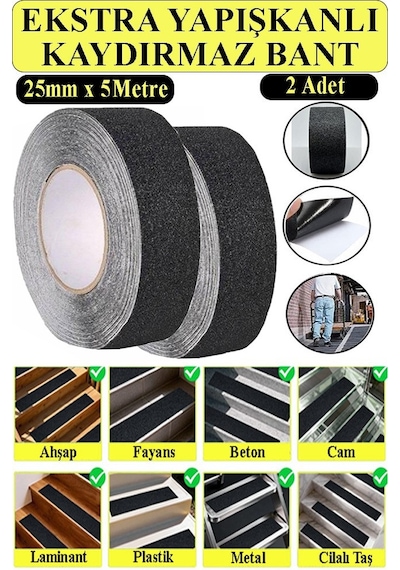 Merdiven Kaydırmaz Bant 25mm 2 Adet 5 Metre Zemin Kaymaz Band 2.5 Cm Yapışkanlı Basamak Mermer Beton Fayans Ayakkabı 2