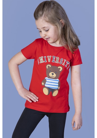 Toontoy Kids Toontoy Kız Çocuk Baskılı Bisiklet Yaka Kısa Kollu Tişört Kırmızı