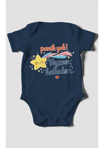 Morivokids Panik Yok Teyzem Halleder Kısa Kollu Bebek Body %100 Pamuk Lacivert