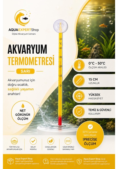 Akvaryum Termometre - Sarı - Hassas Ölçüm - Cam Termometre - 0/50 Derece Arası Ölçüm - Net Görünür - Güçlü Vantuz