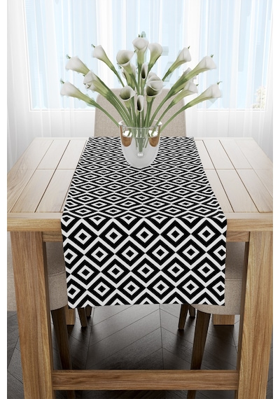 Siyah Beyaz Geometrik Kareler Runner 40x220cm Siyah