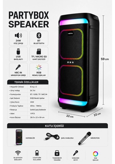Hepu Hp-986 24w Taşınabilir Partybox Hoparlör - Çift 8" Speaker Işıklı, Mikrofonlu, Tws Destekli Ses