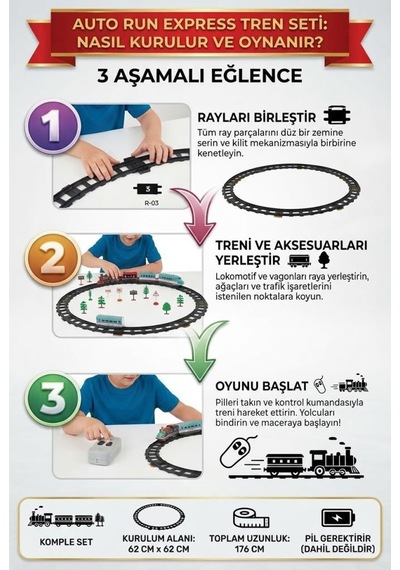 Büyük Hızlı Tren Seti 31 Parça 176 Cm Demiryolu Uzunluğu İle Tren Ve Raylı Oyun Seti