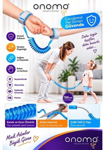 Life Mavi Çocuk Bebek Kaybolma Önleyici Yürüyüş Emniyet Kemeri Anne Bileklik Kelepçesi Güvenlik Bile