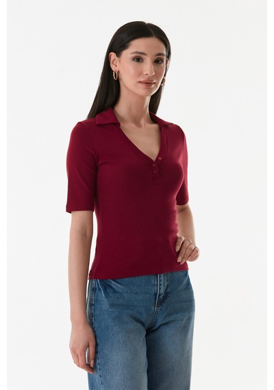 Fullamoda Önü Düğmeli Polo Yaka Bluz 25ygb650127586-bordo Bordo