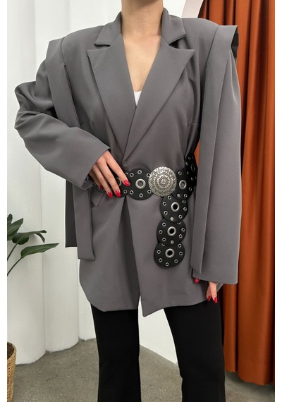 Kadın Oversize Blazer Ceket Kuşaklı Omuz Detaylı Gri
