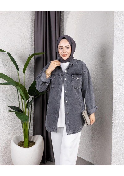 Hb Harma Time Butik Kadın Yıkamalı Cepli Denim Koyu Gri Ceket