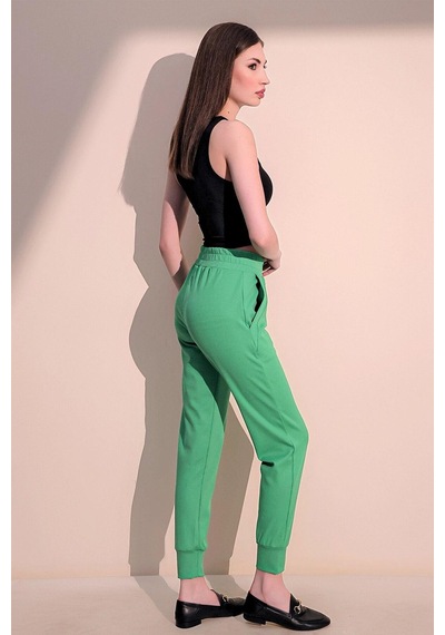 Kadın Yeşil Rahat Dokulu Kumaş Cepli Beli Lastikli Paça Jogger Spor Pantolon Yeşil