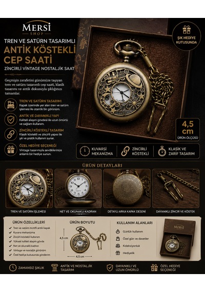 Tren Ve Satürn Tasarımlı Antik Köstekli Cep Saati Zincirli Vintage Nostaljik Saat 4,5 Cm