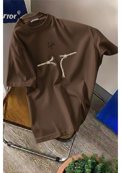 Life Design Minimalist İllüstrasyon Baskılı Unisex Oversize Tişört Kahve
