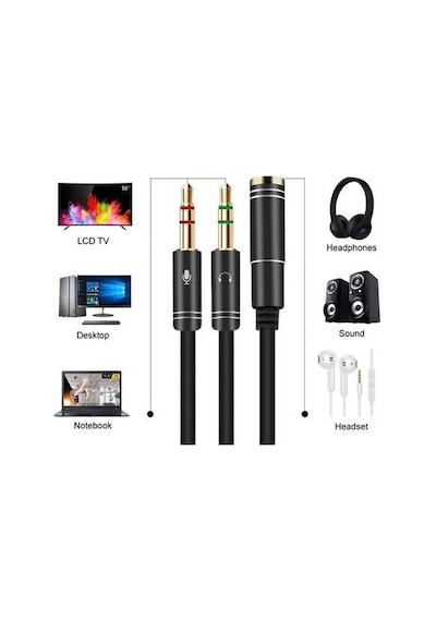 3.5 MM Aux Kulaklık Mikrofon Dönüştürücü Birleştirici Kablo Siyah