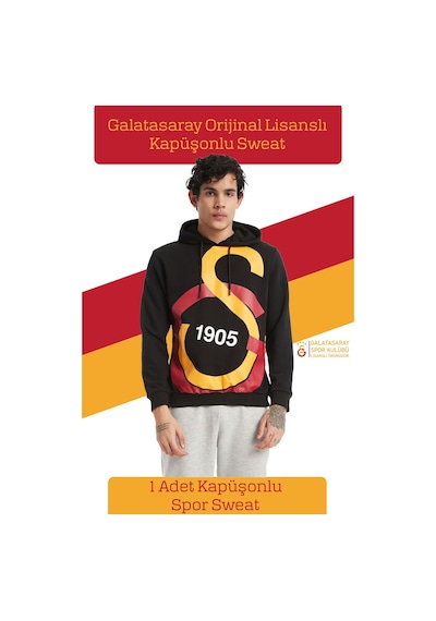 Galatasaray - Lisanslı Büyük Logo Kapüşonlu Siyah Erkek Sweat Siyah