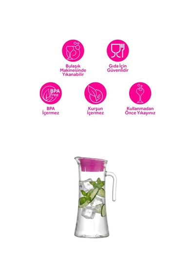 Lav Truva Cam Sürahi Tekli 1,4 L Kulplu Pembe Plastik Kapaklı
