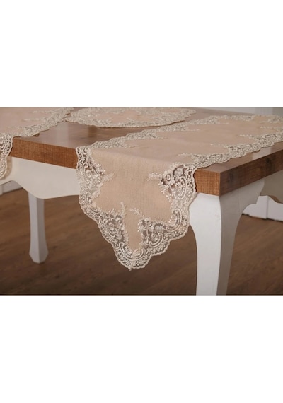 Nadide Lüx Güpürlü Simli Keten Kumaş Bej Salon Takımı 5 Parça 40x160 Cm 1365 Bej