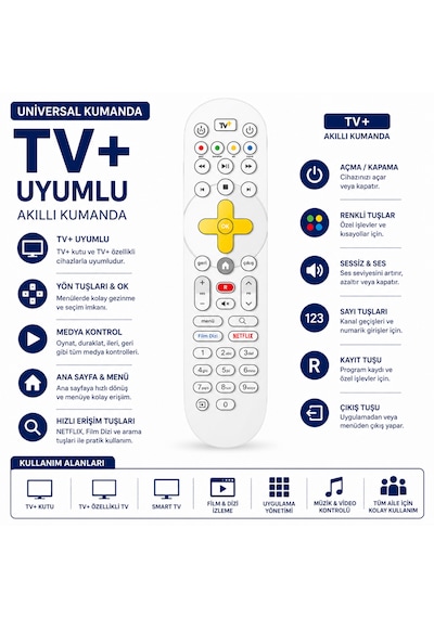 Tv+ Akıllı Kumanda Netflix Film Dizi Tuşlu Tv Plus Kutu Universal Yedek Kumanda