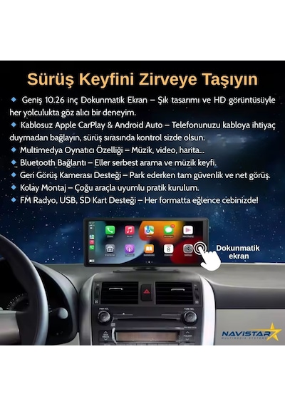 Dokunmatik 10.26 İnç 4k+1080p Çift Kameralı Kablosuz Carplay Wifi Bluetooth Set