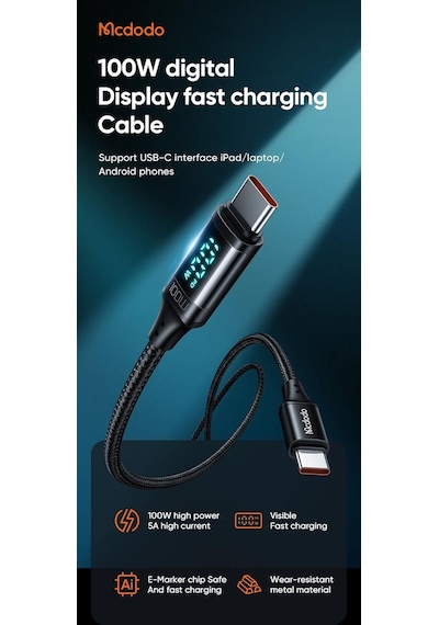 Mcdodo Ca-1100 100w Type-c To Type-c Dijital Ekran Sarj Kablosu 1.2m