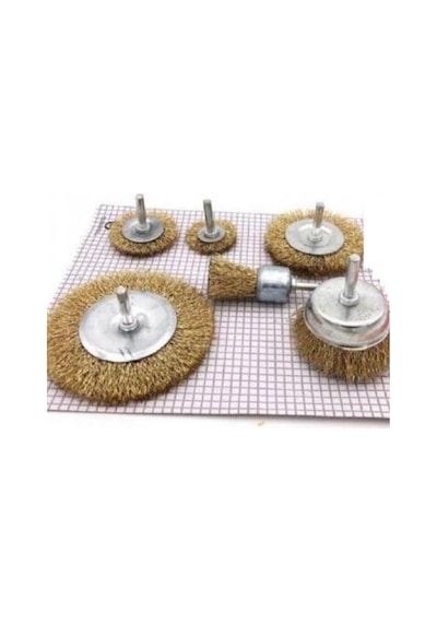 6 Parça Pimli Matkap Tel Fırça Seti 38mm+50mm+75mm+100mm Dairesel +25mm Kalem+75mm Çanak