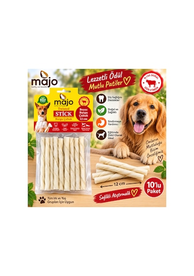 Majo Beyaz Burgu Çubuk Twisted Stick Köpek Ödülü 12 Cm 10 Lu Paket Doğal Sığır Eti