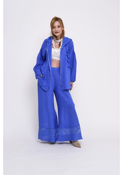 Bohem Stil İtalyan Fisto Detaylı Keten Pantolon-8748 Mavi