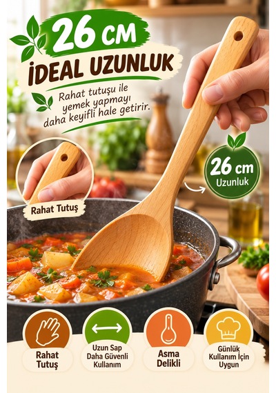 26 Cm Doğal Ahşap Servis Kepçesi Geniş Ağızlı Tahta Yemek Ve Servis Kepçesi Mutfak Gereci