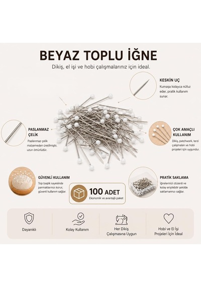 Orret Home 100 Adet Toplu İğne Başörtü İğnesi 3 Cm Düz Başlı Dikiş İğnesi Terzilik Kumaş Sabitleme İğnes