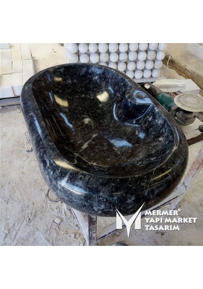 Bursa Siyah Mermer Bombeli Dikdörtgen Lavabo - Batarya Çıkışlı Siyah