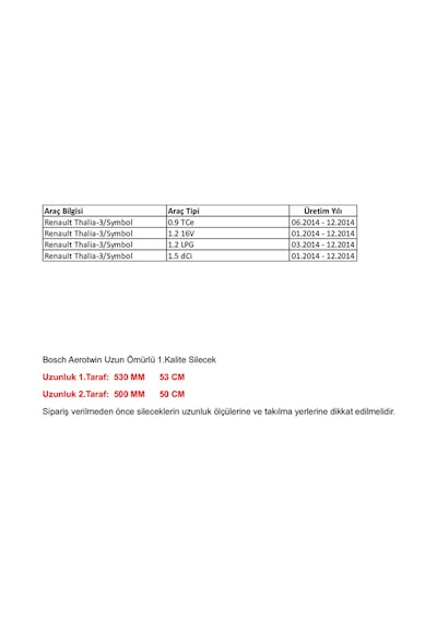 Renault Thalia-3/symbol 0.9/1.2/1.5 Aerotwin Ön Silecek Seti 53/50cm 01.2014 - 12.2014 Arası