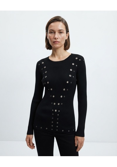 Neden Tekstil Kadın Siyah Uzun Kollu Metal Halkalı Slim Fit Triko Kazak