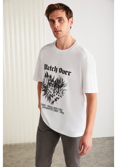 Grimelange Clıent Erkek %100 Organik Pamuklu Regular Fit Baskı Detaylı Bisiklet Yaka Örme Beyaz T-shirt