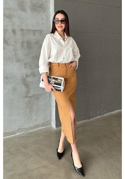 Alemdarshop Camel Gabardin Boyamalı Püsküllü Etek
